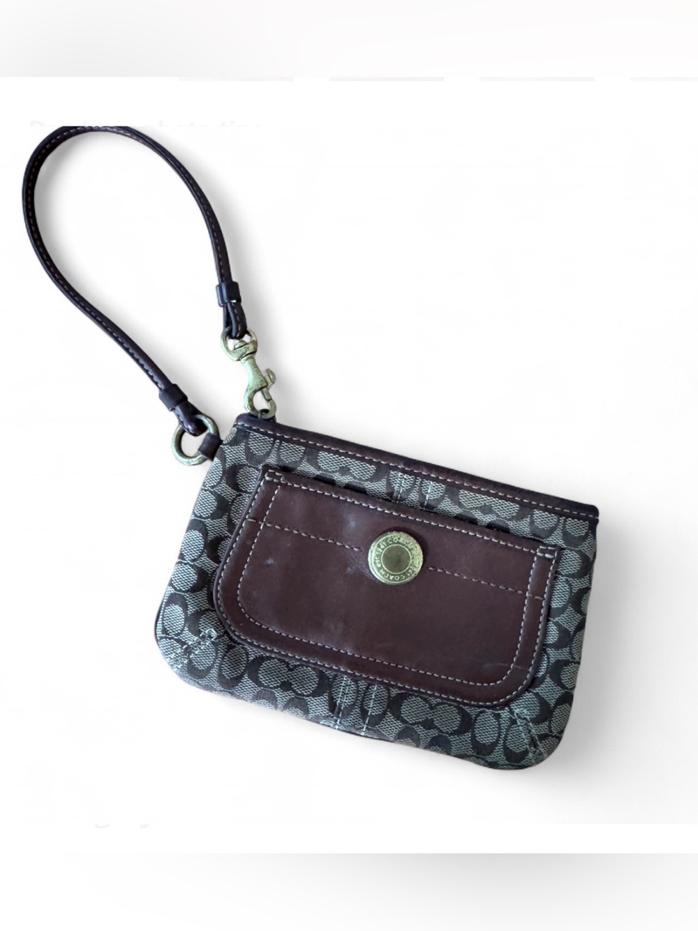 Vintage Coach Signature Monogram Wristlet with Brown Leather Accent